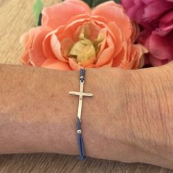 Bracelet élastique bleu Croix argentée