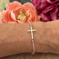 Bracelet élastique rose Croix argentée