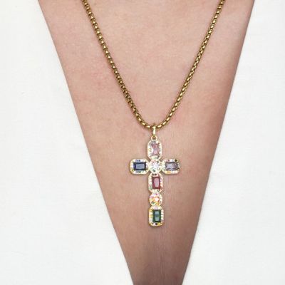 Collier en acier inoxydable avec croix en strass de couleurs