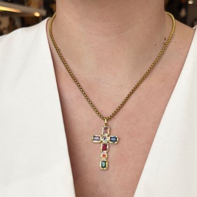 Collier en acier inoxydable avec croix en strass de couleurs