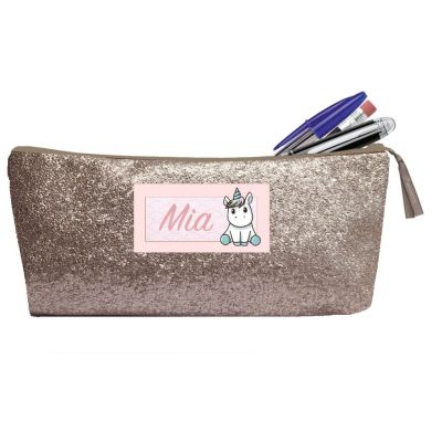 Trousse Scolaire Personnalisée - Paillette taupe avec noeud rose nude