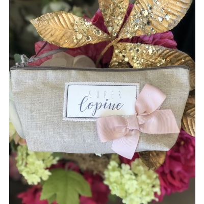 Cadeau pour sa copine - Pochette en lin brillant, noeud rose et texte "super Copine"u