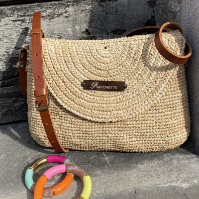 Sac Raphia à bandoulière en cuir - couleur paille