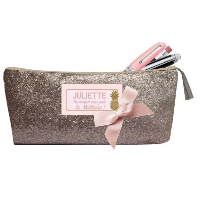 Trousse Scolaire Personnalisée - Paillette taupe avec prénom de l'enfant et noeud