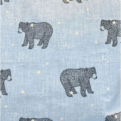 Tissu en coton bleu ciel motif ours gris foncé