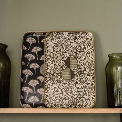 Plateau Duo en aluminium émaillé Boncoeurs Ginko noir - bord doré à la feuille
